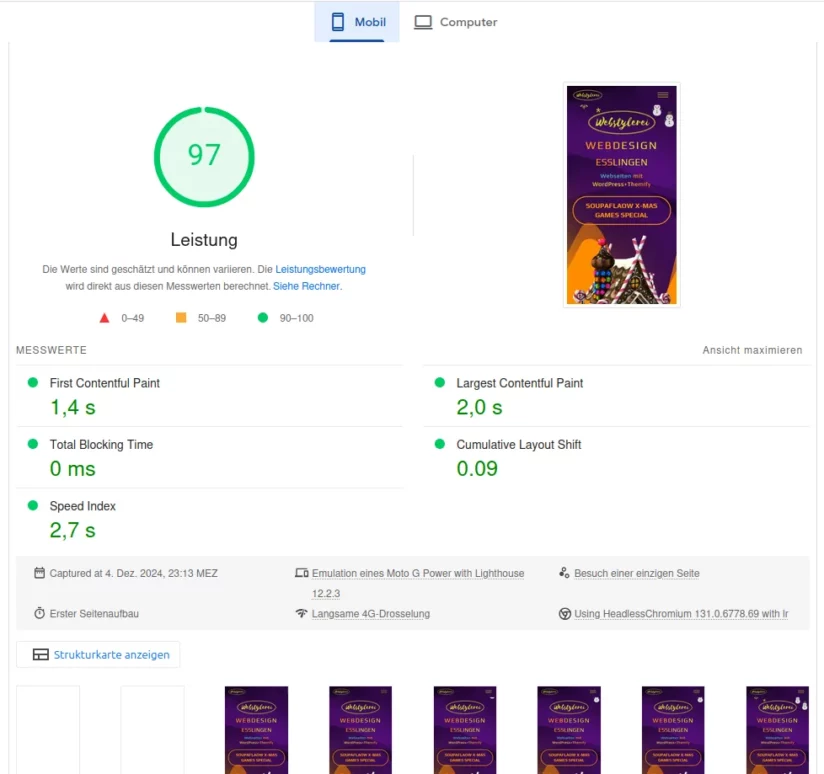 Webstylerei Startseite trotz heftigem Schnefall im Dezember 2024 Pagespeed Mobile 97 100 100 100