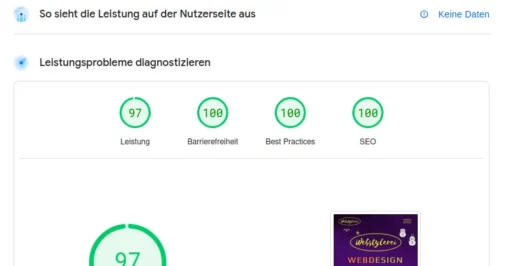 97-100-100-100 Mobile Pagespeed trotz heftigem Schneefall im Dezember 2024