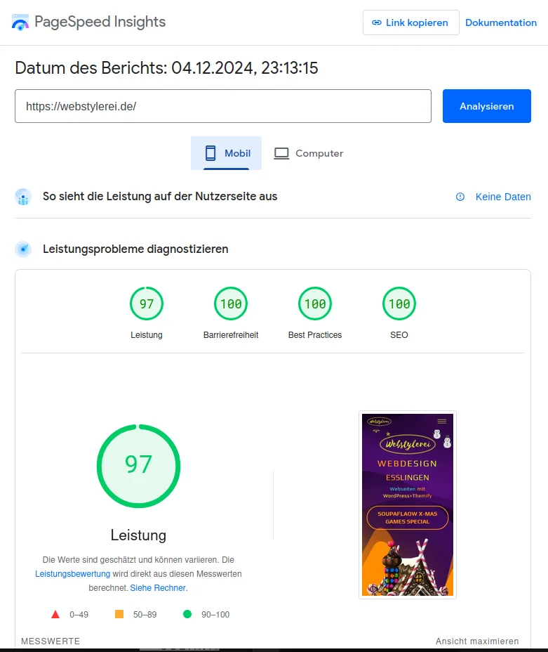 97-100-100-100 Mobile Pagespeed trotz heftigem Schneefall im Dezember 2024