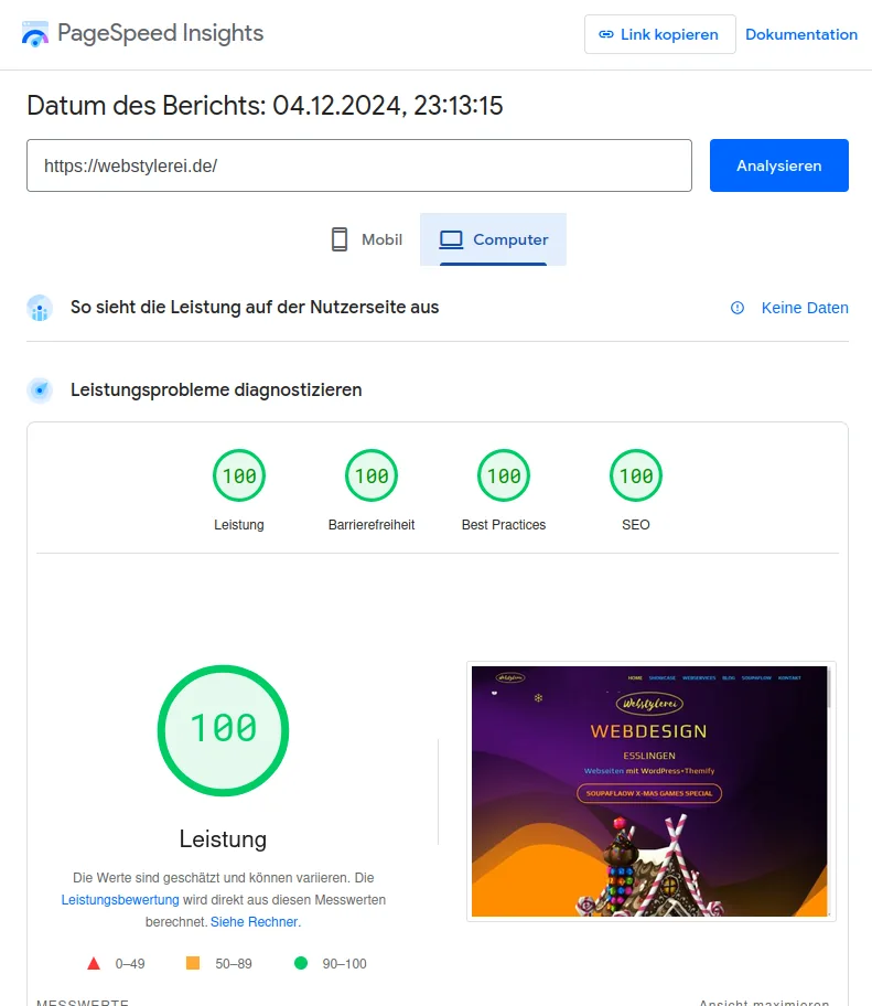 Webstylerei Startseite trotz heftigem Schnefall im Dezember 2024 Pagespeed Desktop 4 x 100